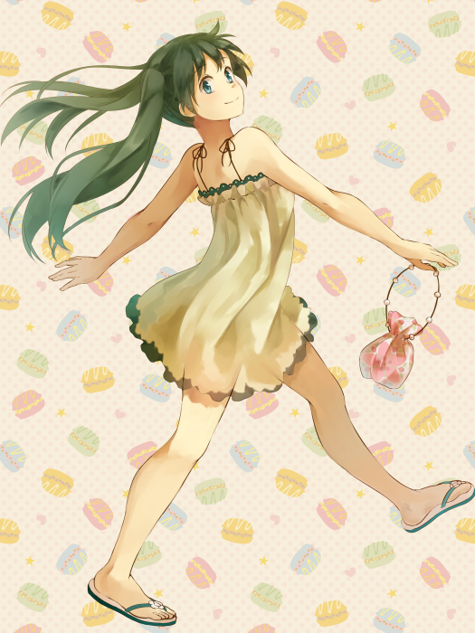 1girl, dress, green_eyes, green_hair, hatsune_miku, long_hair, macaron, sandals