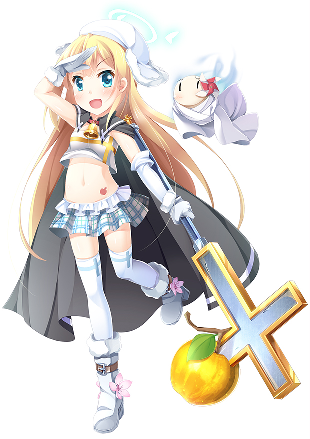 1girl, apple, bell, bell_collar, blonde_hair, blue_eyes, blush, collar, cross, food, fruit, long_hair, navel, open_mouth, original, sekine_irie, solo, thighhighs, white_legwear