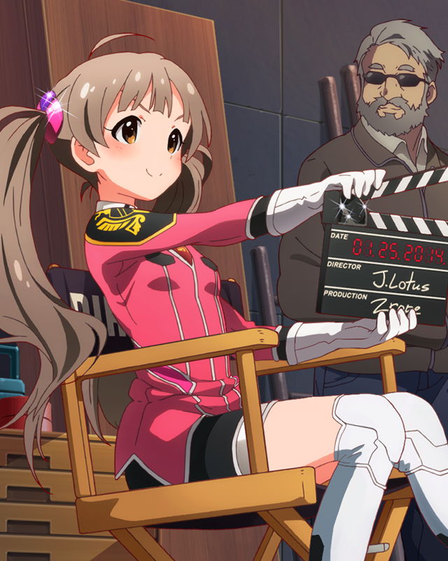 >:), 1boy, 1girl, artist_request, beard, brown_eyes, brown_hair, clapperboard