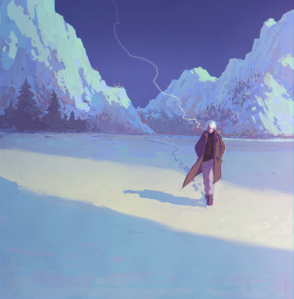 1boy, cigarette, footprints, ginko, hair_over_one_eye, ilya_kuvshinov, male, mountain