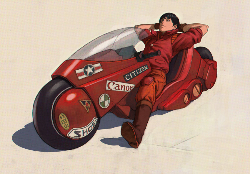 1boy, akira, arms_behind_head, black_hair, boots, canon_(company), gloves, ilya_kuvshinov