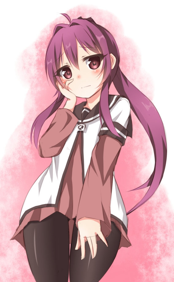 1girl, ahoge, black_legwear, hair_intakes, hand_on_own_cheek, hand_on_own_face, kou89, pantyhose