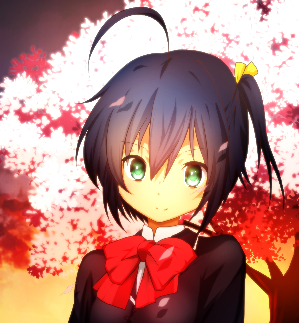 1girl, black_hair, cherry_blossoms, chuunibyou_demo_koi_ga_shitai!, eyepatch, furisode_(pixilvina), green_eyes, no_eyepatch