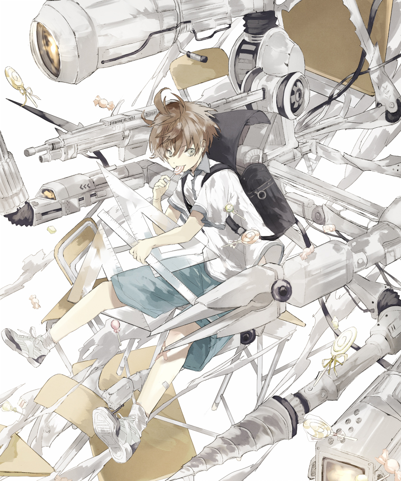 1boy, backpack, bag, brown_hair, candy, chair, doutei_(onepunch_man), drill