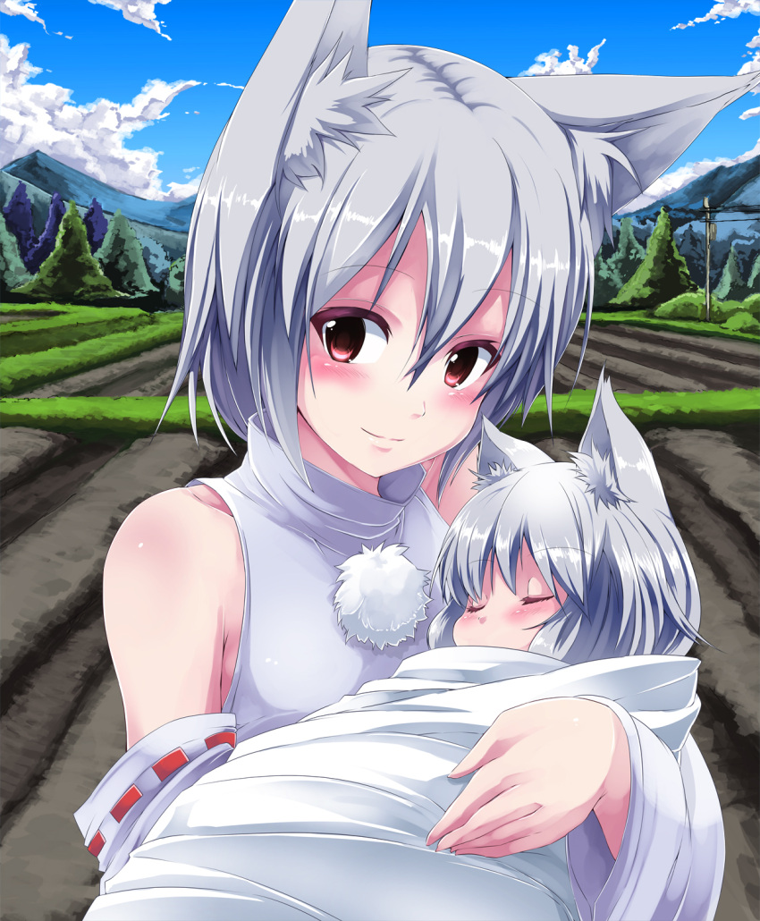 1girl, animal_ears, baby, bare_shoulders, blush, detached_sleeves, highres, inubashiri_momiji