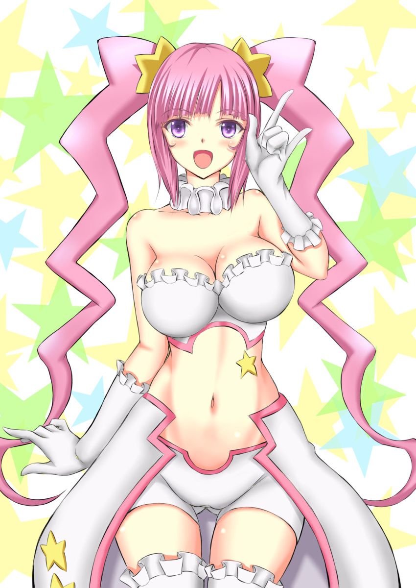 1girl, :d, \m/, bare_shoulders, blush, breasts, cleavage, crop_top