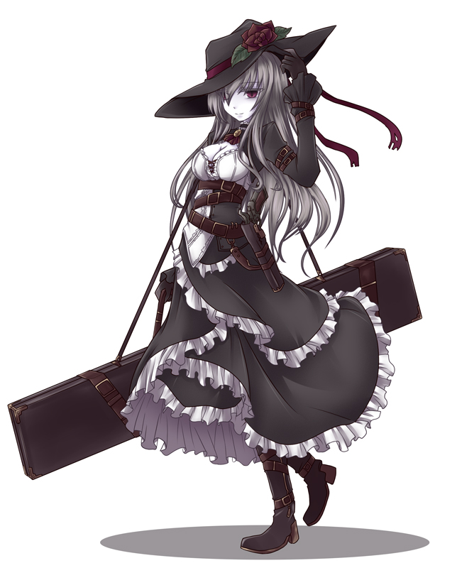 1girl, belt, black_boots, black_gloves, boots, breasts, cleavage, corset, dress, flower, frilled_dress, frills, gloves, grey_hair, gun, handgun, hat, hat_flower, holster, nagai_gojitsudan_no_nechronica, red_eyes, solo, syarute, tagme, weapon