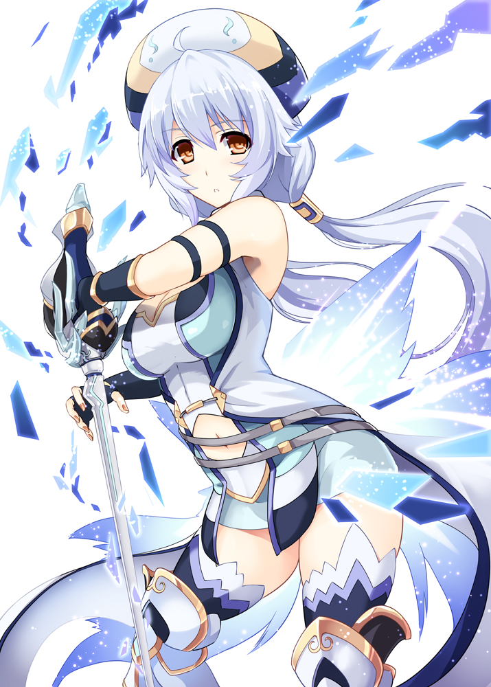 1girl, :<, armor, bikini, black_gloves, black_legwear, blue_eyes, breasts