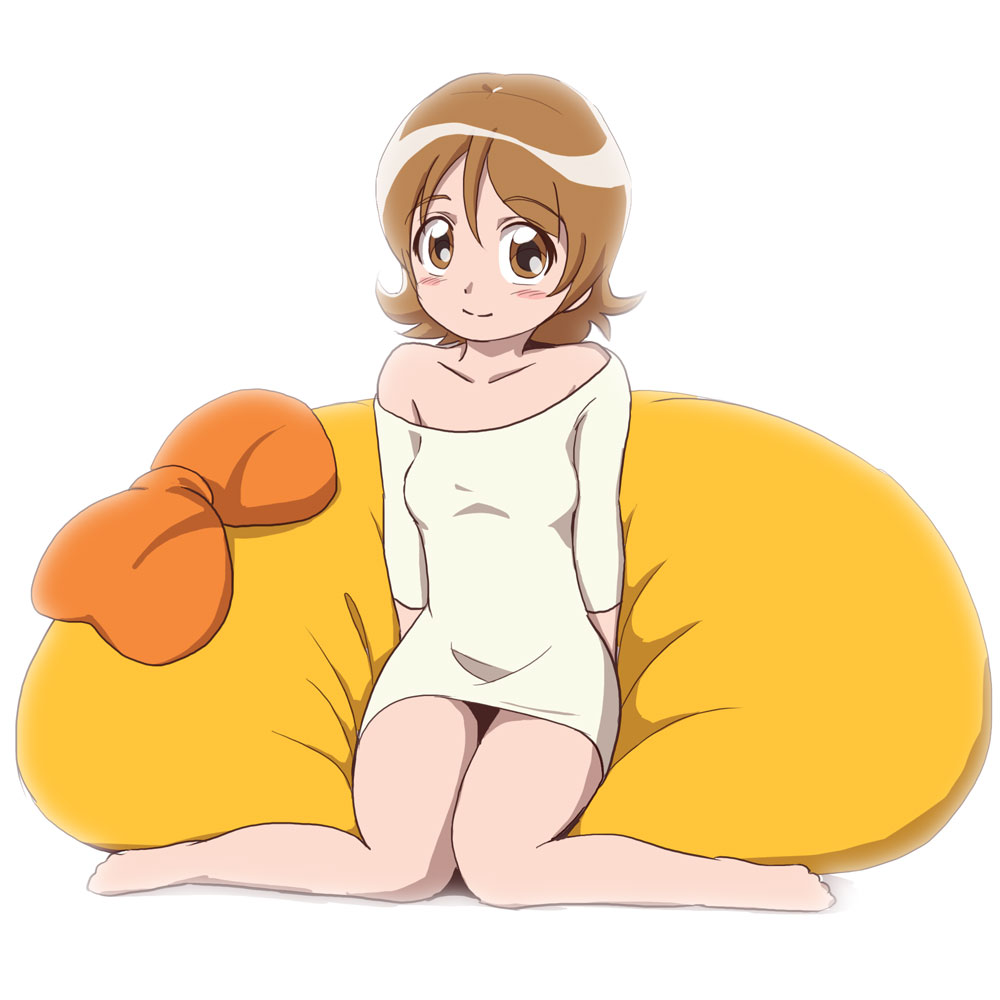1girl, backlighting, bare_shoulders, blush, brown_eyes, brown_hair, happinesscharge_precure!, itommy, knees_together_feet_apart, oomori_yuuko, pantyhose, pillow, precure, shirt, short_hair, smile, solo, white_background, white_legwear