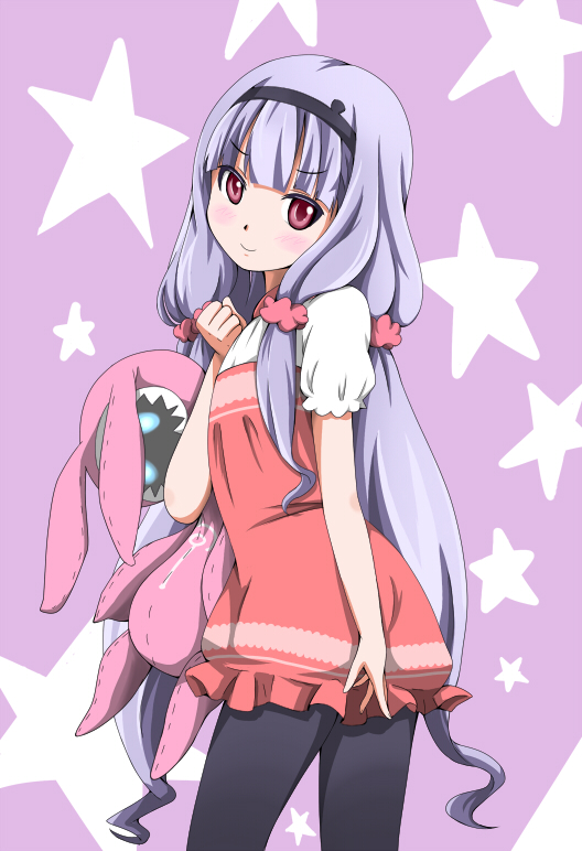 1girl, blush, capri_pants, hairband, hoshimiya_kate, long_hair, red_eyes, scrunchie, sekai_seifuku:_bouryaku_no_zvezda, short_sleeves, silver_hair, smile, solo, star, stuffed_animal, stuffed_toy, twintails, u-zone, venera-sama