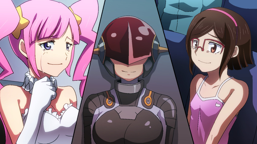 3girls, aila_jyrkiainen, blue_eyes, bodysuit, brown_hair, camisole, elbow_gloves, glasses