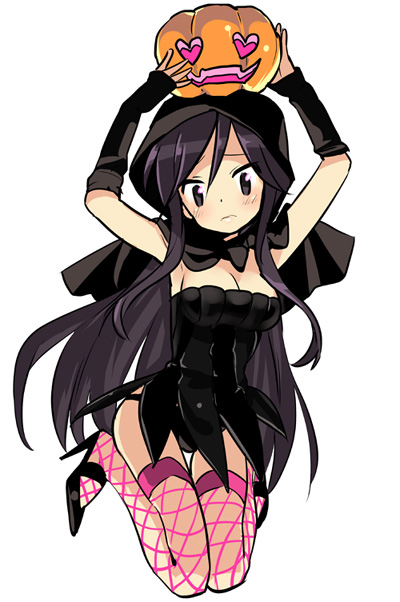 bb-san, elbow_gloves, error, fishnets, gloves, halloween, jack-o'-lantern, jack-o-lantern, kuroda_bb, nishi_yuuko, official_art, pumpkin, solo, thigh-highs, thighhighs