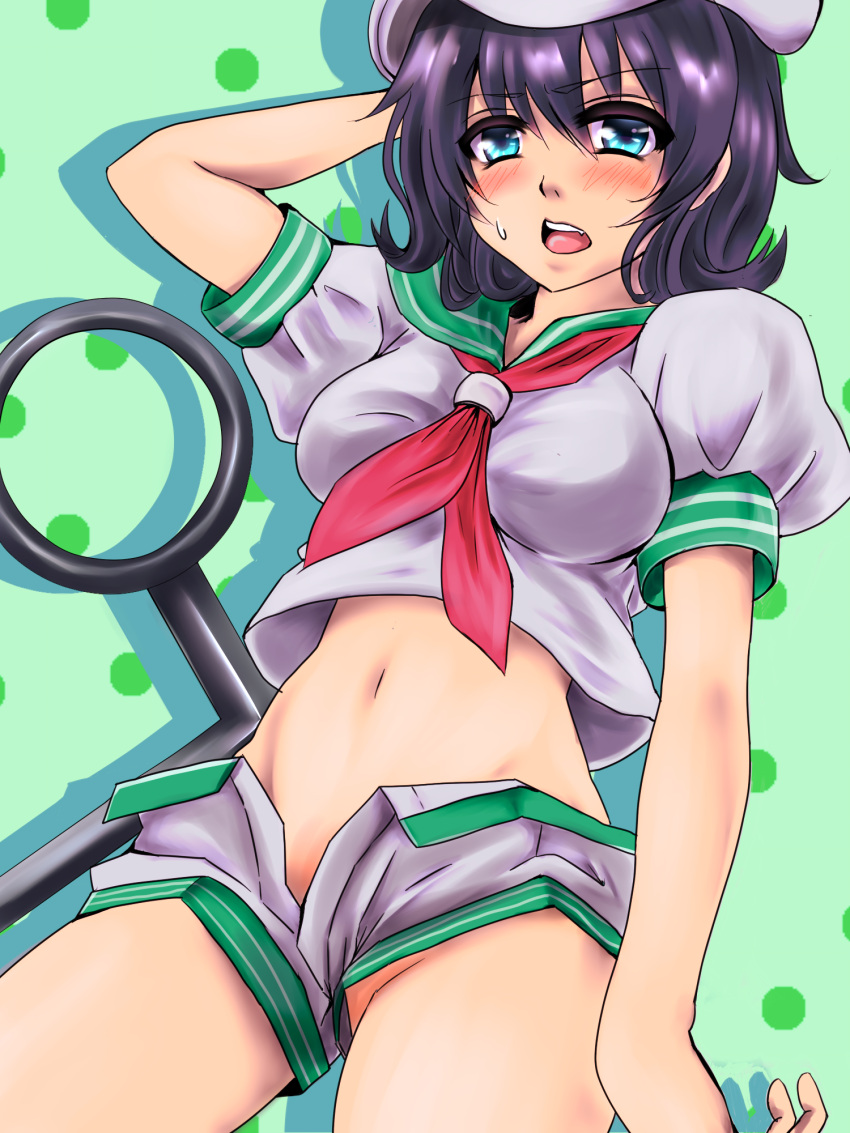 1girl, anchor, aqua_eyes, black_hair, blush, fujimori-tonnkatu, hat, highres
