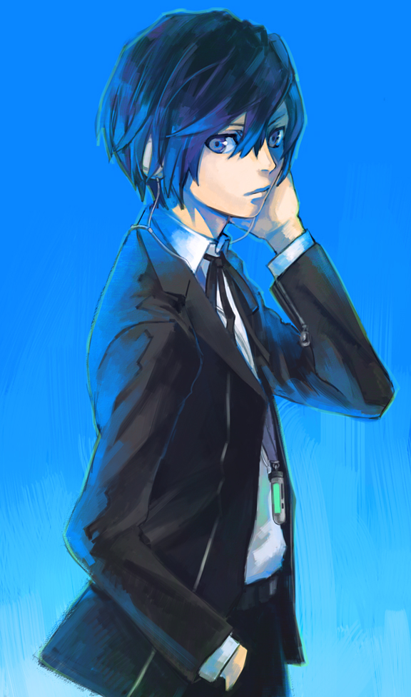 arisato_minato, blue_eyes, blue_hair, headphones, male, persona, persona_3, school_uniform