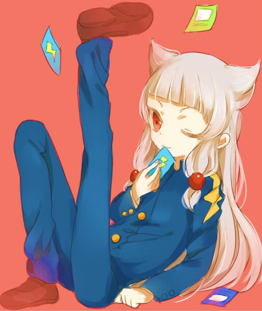 1boy, androgynous, card, gakuran, inazuma_eleven_(series), inazuma_eleven_go, inazuma_eleven_go_tcg, junekun, long_hair, male, red_eyes, school_uniform, solo, sugoi_atari, wink