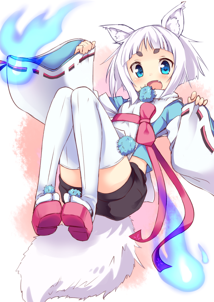 1girl, animal_ears, blue_eyes, blush, fang, fox_ears, fox_tail, japanese_clothes