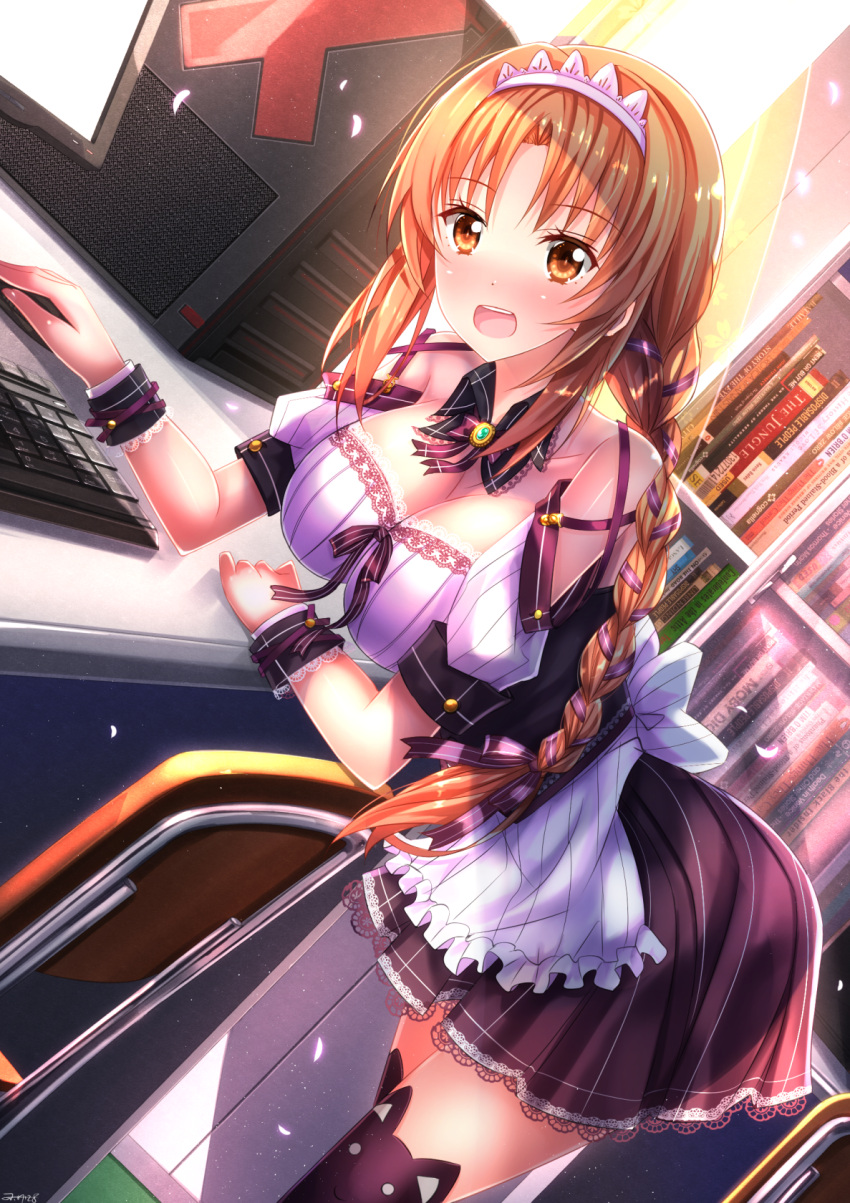 1girl, :d, blush, bookshelf, braid, breasts, brown_eyes, brown_hair
