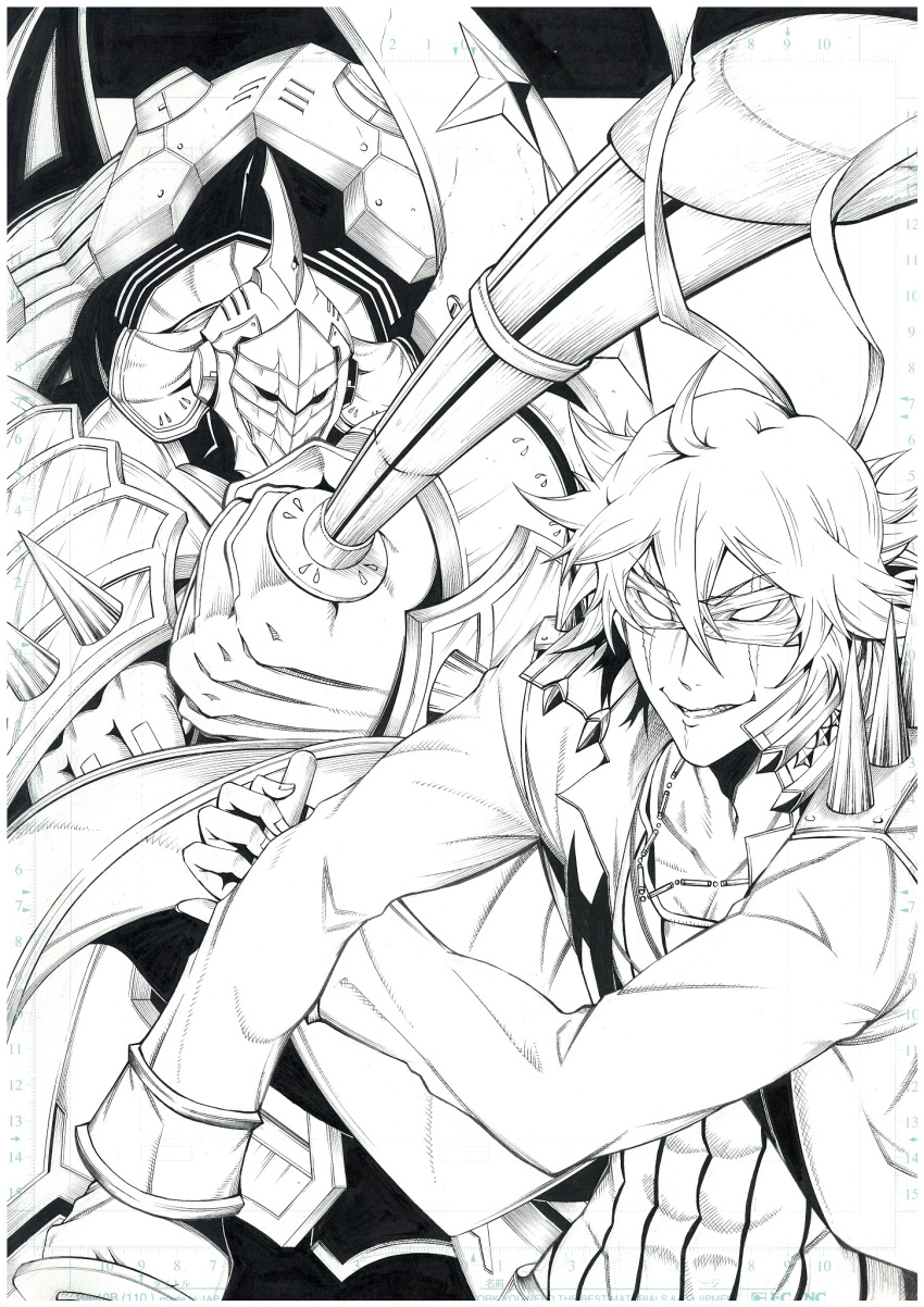 1boy, armor, blade_regalia, dual_persona, highres, kageneko_shihan, kill_la_kill, mask, monochrome, nib_pen_(medium), sanageyama_uzu, scar, shinai, solo, sword, traditional_media, weapon
