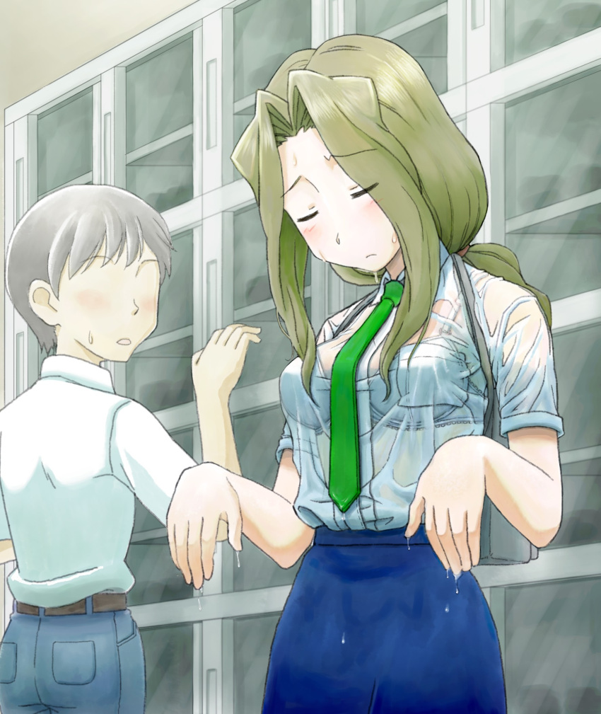 1boy, 1girl, belt, blush, bra, brown_hair, closed_eyes, highres