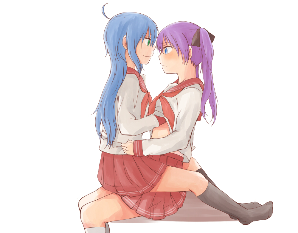 2girls, ahoge, beni_shouga, blue_eyes, blue_hair, green_eyes, hair_ribbon, hand_in_shirt, hiiragi_kagami, izumi_konata, kneehighs, long_hair, lucky_star, multiple_girls, purple_hair, ribbon, school_uniform, serafuku, shirt_lift, sitting, sitting_on_lap, sitting_on_person, skirt, twintails, yuri