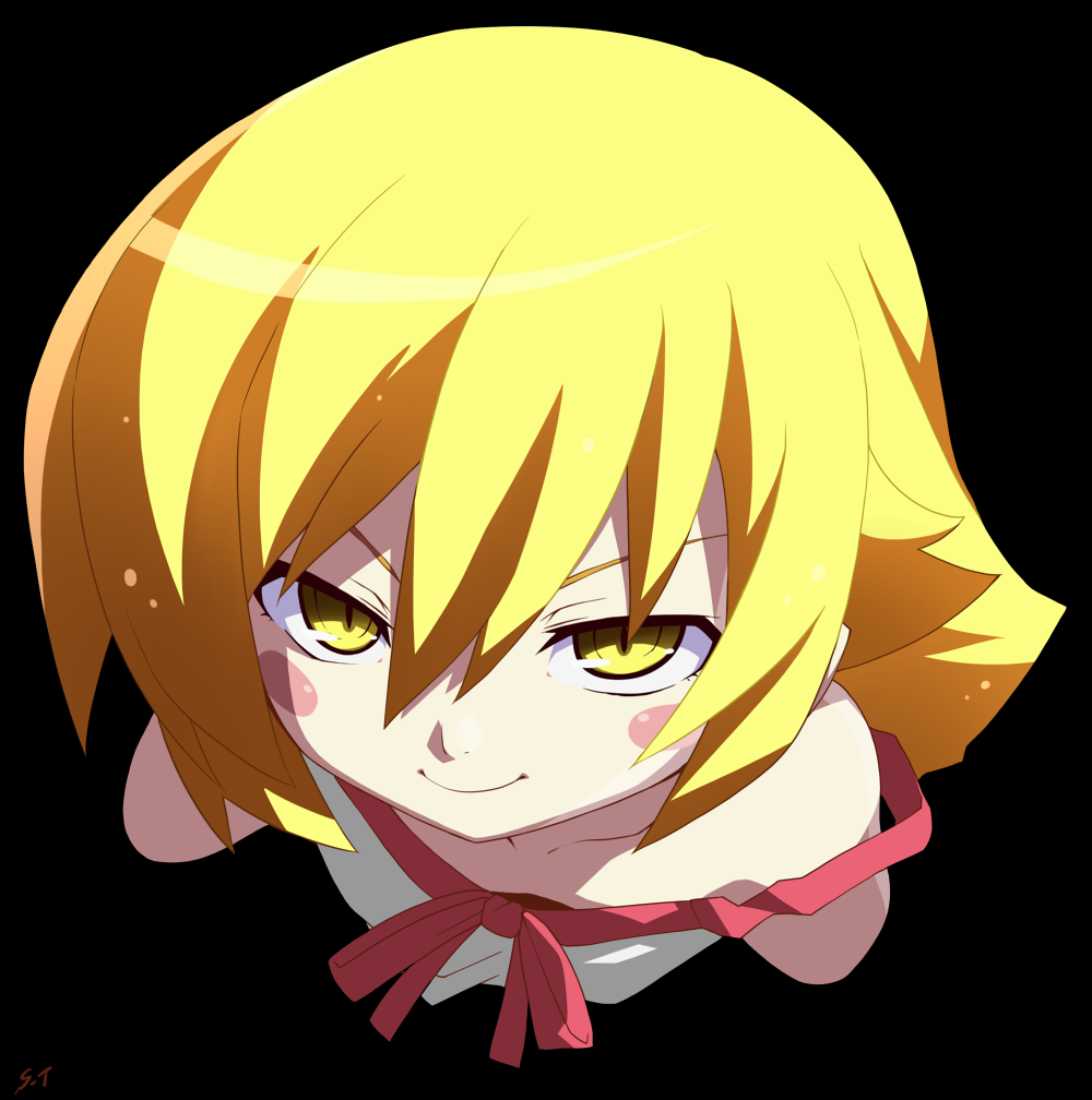 1girl, blonde_hair, blush_stickers, long_hair, monogatari_(series), oshino_shinobu, slit_pupils, solo