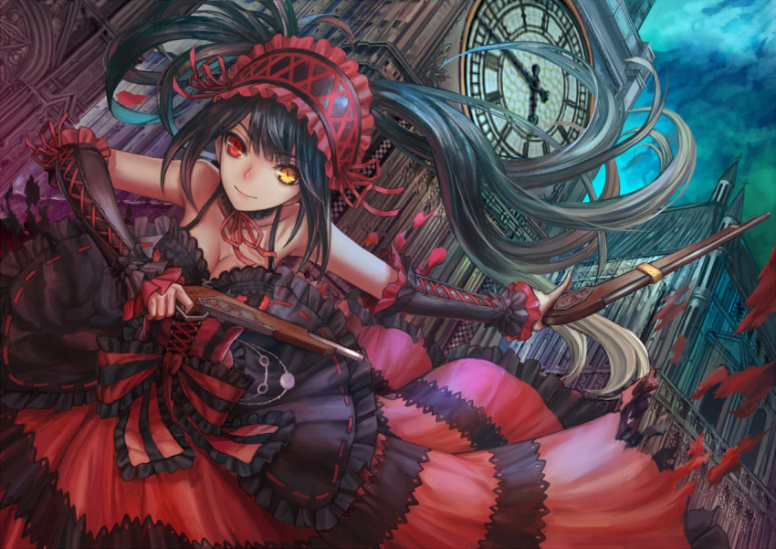 1girl, bare_shoulders, black_hair, breasts, cleavage, clock, clock_eyes, clock_tower