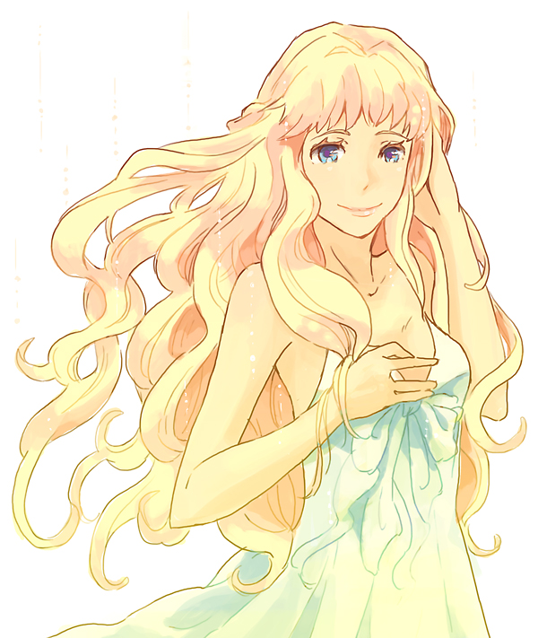 bare_shoulders, blonde_hair, blue_eyes, bow, dress, lipstick, long_hair, macross, macross_frontier, multicolored_hair, pink_hair, sheryl_nome, sleeveless, smile, solo, sundress, white_dress, yoshi_92