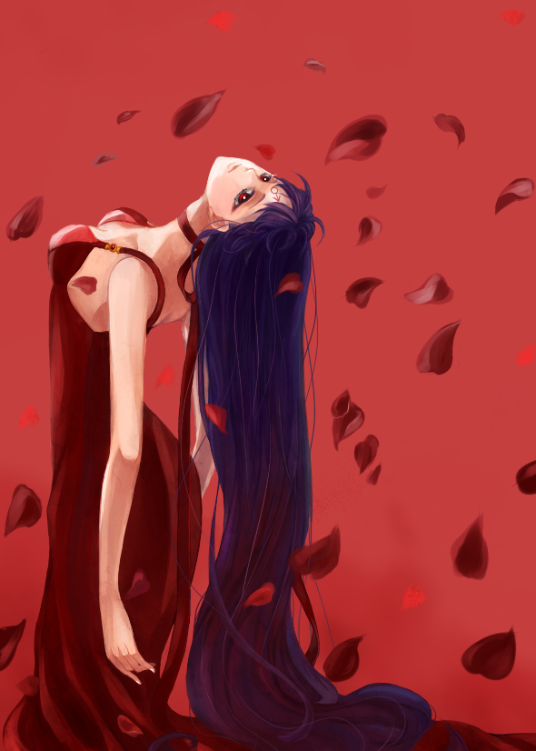 1girl, alternate_eye_color, bishoujo_senshi_sailor_moon, black_hair, dress, facial_mark, forehead_mark, hino_rei, leaning_back, long_hair, mars_symbol, petals, princess_mars, red, red_background, red_dress, red_eyes, solo, very_long_hair, yoyoxx