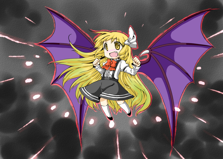 1girl, akagashi_hagane, bat_wings, blonde_hair, bow, fang, hair_bow, kurumi_(touhou), long_hair, solo, touhou, touhou_(pc-98), very_long_hair, wings, yellow_eyes