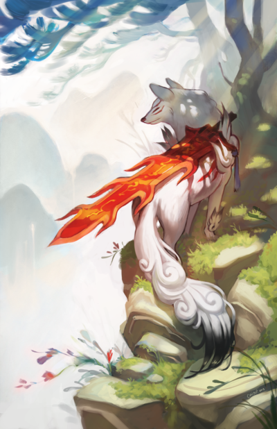 acrylic_paint_(medium), amaterasu, chiou!, dappled_sunlight, glaive, mountain, no_humans, ookami_(game), solo, sword, traditional_media, weapon