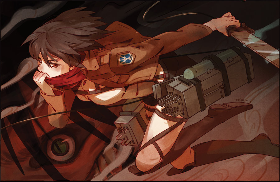 black_hair, boots, brown_eyes, cable, chiou!, crest, cropped_jacket, harness, knee_boots, mikasa_ackerman, pants, red_scarf, scarf, shingeki_no_kyojin, sword, three-dimensional_maneuver_gear, weapon