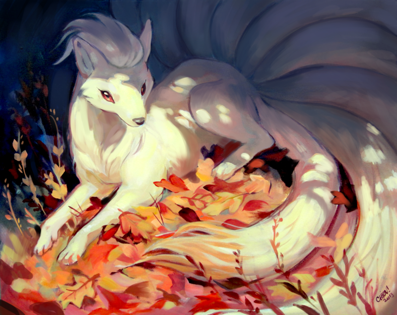 acrylic_paint_(medium), chiou!, leaf, multiple_tails, ninetales, no_humans, pokemon, pokemon_(creature)
