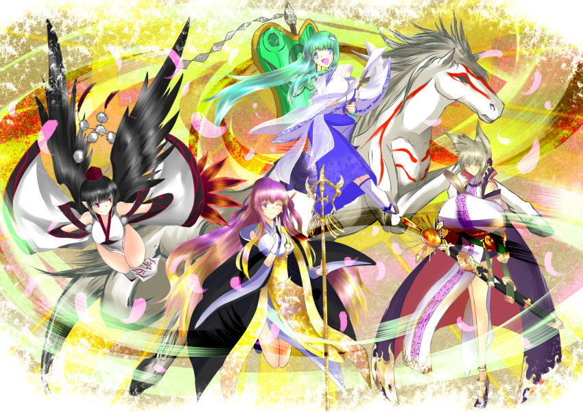 4girls, absurdres, ajirogasa, armor, bare_shoulders, beads, black_hair, black_wings