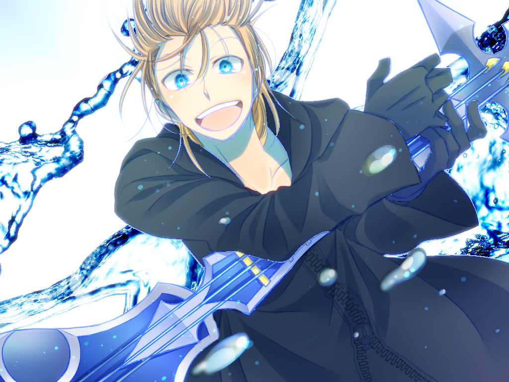 1boy, blonde_hair, blue_eyes, cloak, demyx, gloves, instrument, karuteto