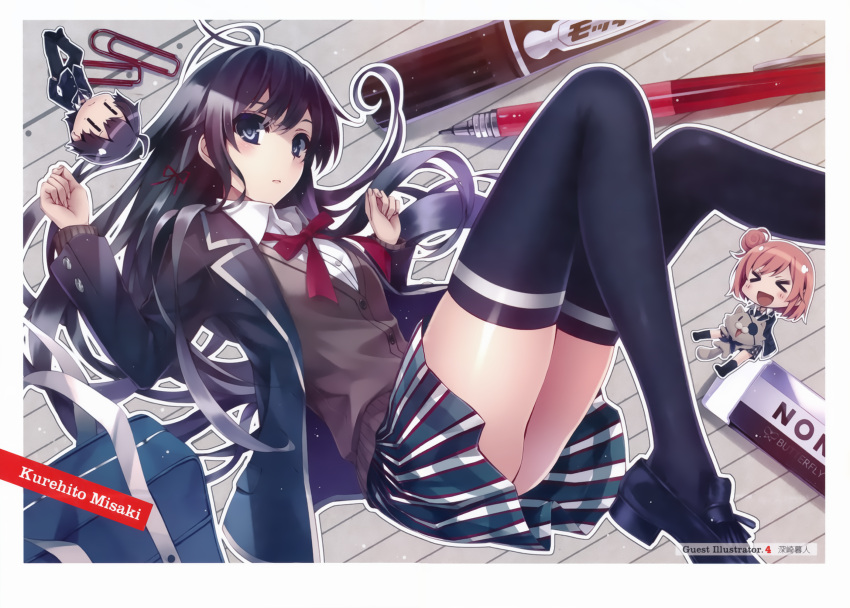 1boy, 2girls, black_hair, black_legwear, blazer, blue_eyes, cardigan, eraser, highres, hikigaya_hachiman, loafers, long_hair, mechanical_pencil, misaki_kurehito, multiple_girls, paperclip, pencil, pleated_skirt, school_uniform, shoes, skirt, thighhighs, yahari_ore_no_seishun_lovecome_wa_machigatteiru., yuigahama_yui, yukinoshita_yukino