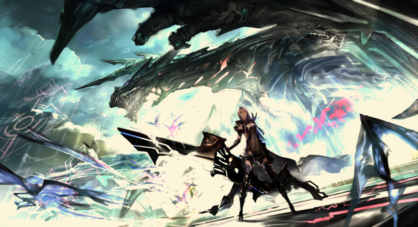 1girl, armor, blue_eyes, cape, dragon, gorilla_(mushimushiland), highres, long_hair