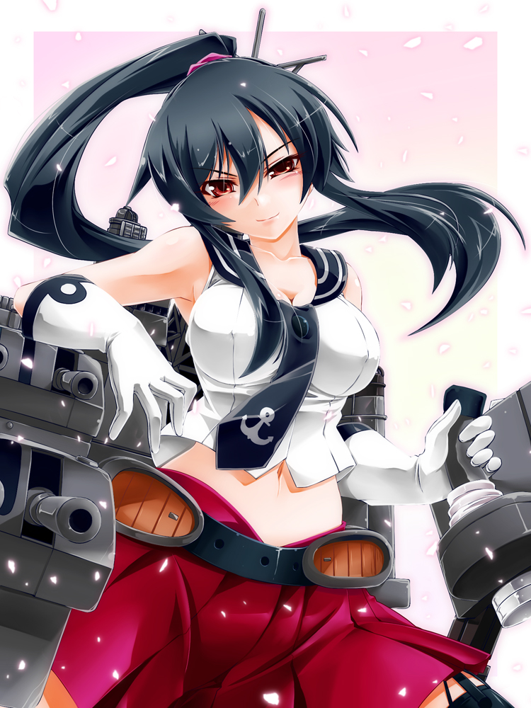 1girl, black_hair, breasts, gloves, hisame_genta, kantai_collection, long_hair, looking_at_viewer