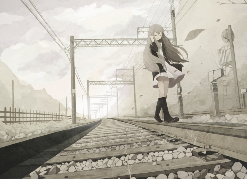 1girl, 456, boots, coat, dress, fence, hand_in_hair, leaf