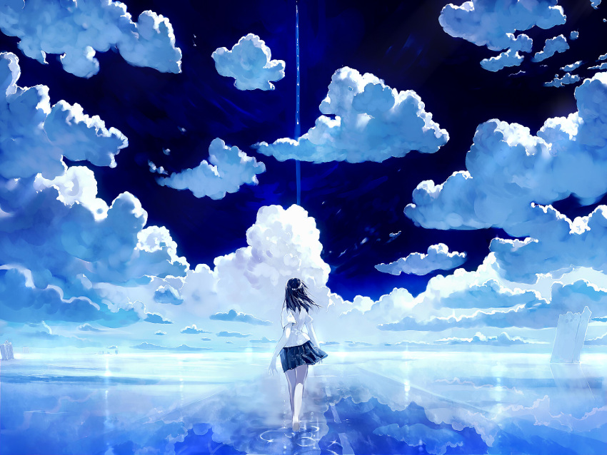 1girl, barefoot, black_hair, blue, bob_(biyonbiyon), clouds, highres, long_hair, original, reflection, road, ruins, school_uniform, skirt, sky, solo, street, tagme, wading, water