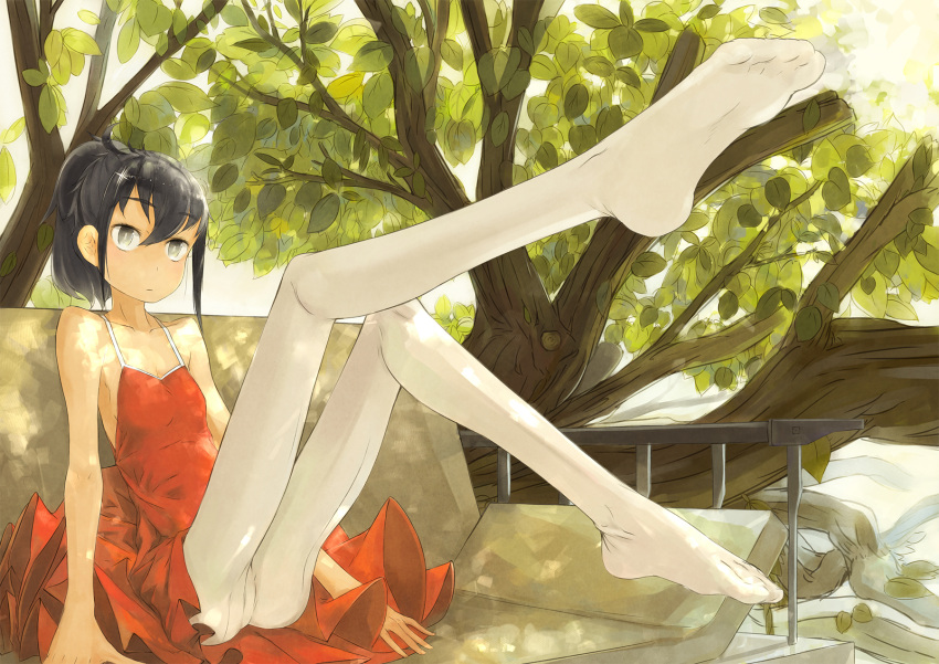 1girl, al-qalam, black_hair, couch, dress, expressionless, highres, leg_lift