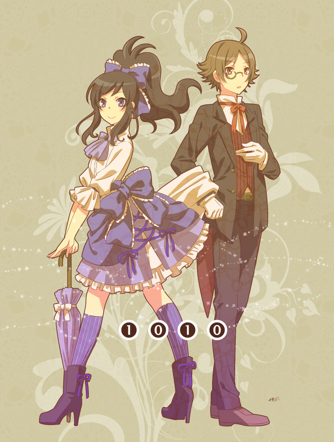 1boy, 1girl, ahoge, alternate_costume, ascot, belt, blue_eyes, bowtie