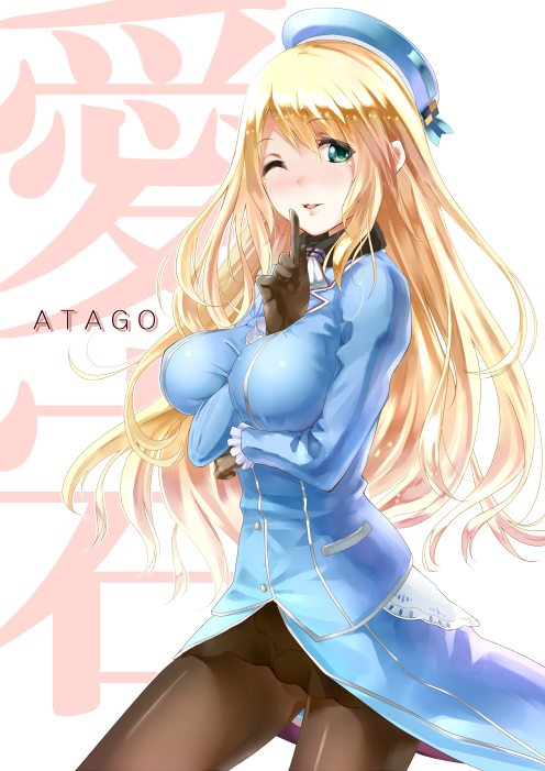 1girl, atago_(kantai_collection), beret, between_breasts, black_gloves, black_legwear, blonde_hair, blush