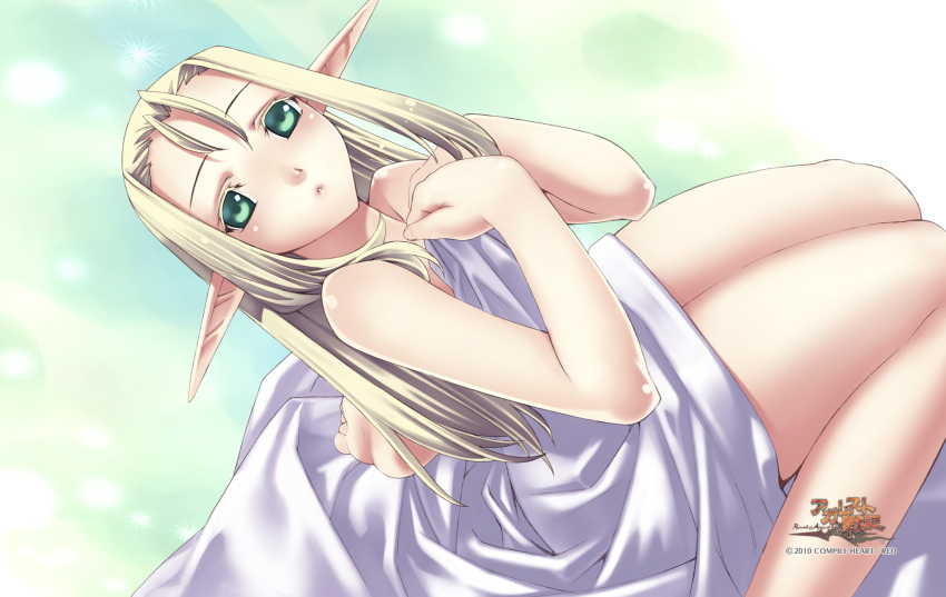 1girl, 2010, agarest_senki, agarest_senki_(series), blonde_hair, blush, company_name, copyright_name, dutch_angle, faina_(agarest_senki), from_above, game_cg, green_background, green_eyes, highres, hirano_katsuyuki, long_hair, long_pointy_ears, official_art, pointy_ears, sitting, solo, wariza