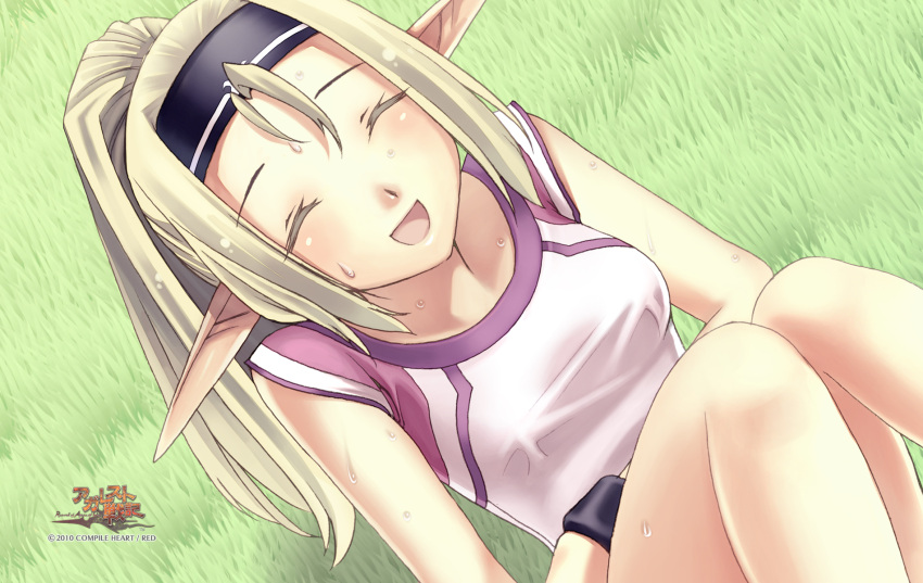 1girl, 2010, agarest_senki, agarest_senki_(series), blonde_hair, closed_eyes, company_name, copyright_name, faina_(agarest_senki), game_cg, grass, headband, highres, hirano_katsuyuki, long_hair, official_art, pointy_ears, ponytail, sleeveless, sleeveless_shirt, smile, solo, sweat