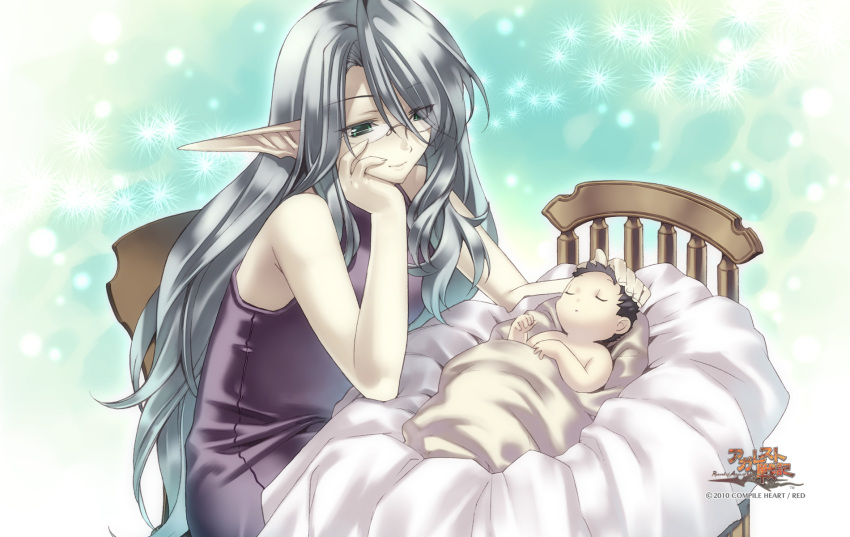 1girl, 2010, agarest_senki, agarest_senki_(series), baby, black_hair, chin_rest, company_name
