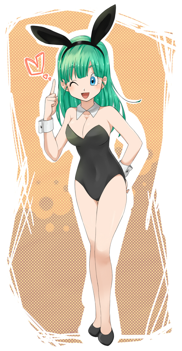 1girl, animal_ears, bare_legs, blue_eyes, breasts, bulma, bunnysuit, cleavage, detached_collar, dragon_ball, dragon_ball_z, green_hair, hairband, heart, large_breasts, long_hair, no_legwear, open_mouth, petagon, rabbit_ears, solo, standing, wink, wrist_cuffs