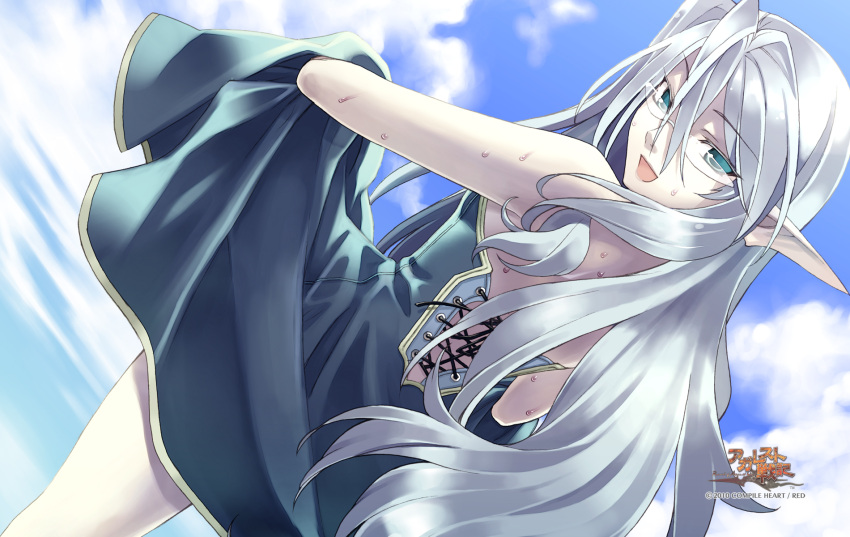 1girl, 2010, agarest_senki, agarest_senki_(series), company_name, copyright_name, dress, game_cg, glasses, green_dress, green_eyes, highres, hirano_katsuyuki, long_hair, looking_back, official_art, pale_skin, pointy_ears, sharona_(agarest_senki), silver_hair, smile, solo
