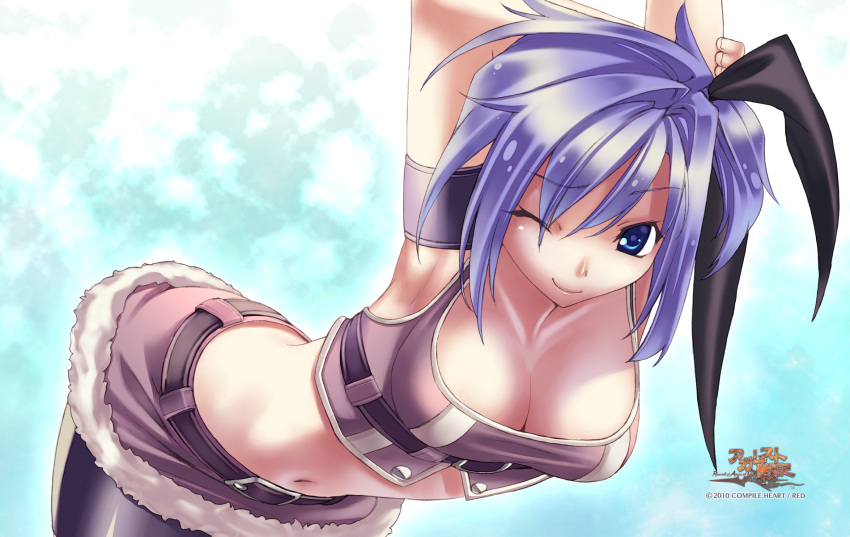 1girl, 2010, agarest_senki, agarest_senki_(series), arms_up, belt, blue_background, blue_eyes, breasts, cleavage, company_name, copyright_name, game_cg, highres, hirano_katsuyuki, leaning_forward, midriff, navel, noah_(agarest_senki), official_art, purple_hair, short_hair, shorts, side_ponytail, smile, solo, stretch, wink