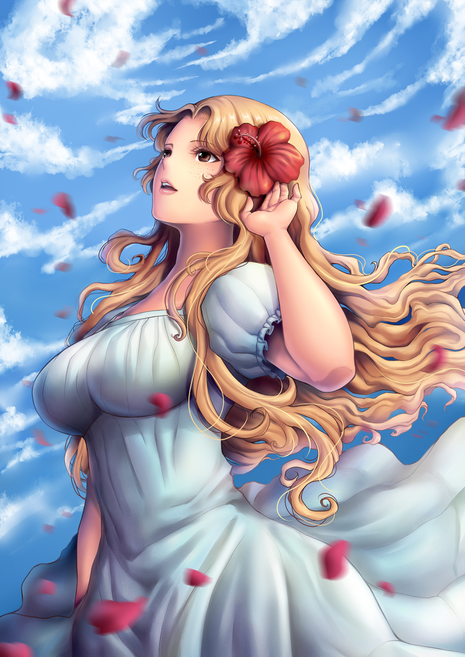 1girl, blonde_hair, breasts, brown_eyes, clouds, dress, flower, hair_flower