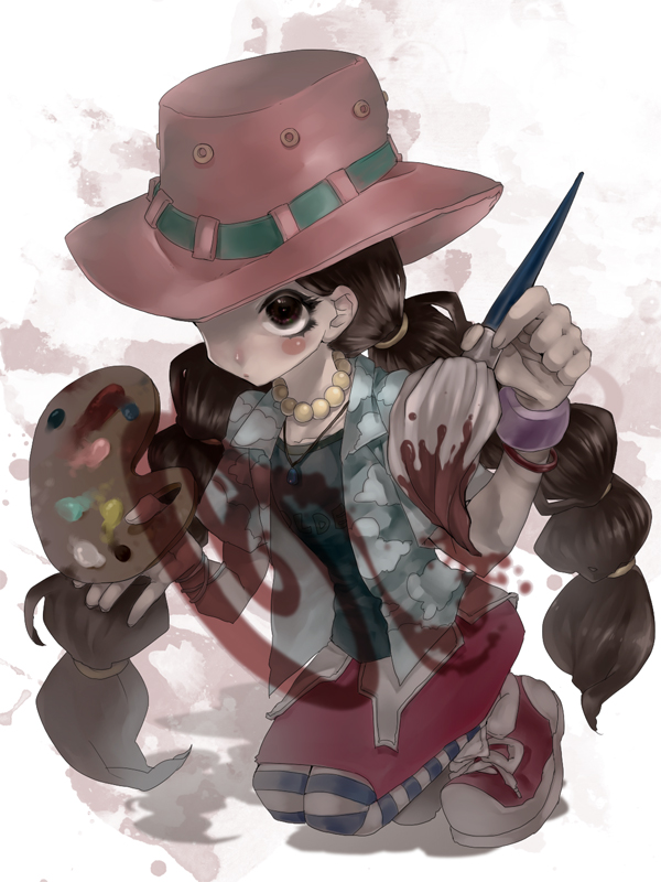1girl, art_brush, bangle, bracelet, brown_eyes, brown_hair, canned_beef, clothes_writing, color_trap, hat, jewelry, long_hair, miss_goldenweek, multi-tied_hair, necklace, one_piece, open_clothes, open_shirt, paint, paintbrush, palette, pantyhose, pendant, shoes, skirt, socks, solo, squatting, striped, striped_legwear, twintails, very_long_hair, white_background